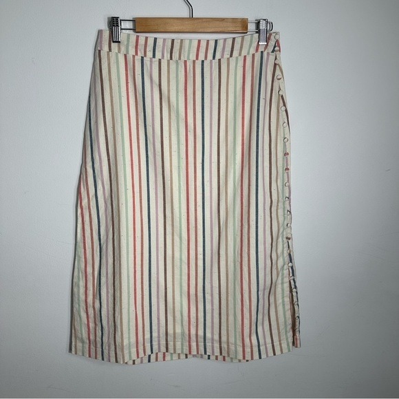 Madewell Button Slit Midi Skirt in Flecked Rainbow Stripe, Size 4, Cream Pink - Picture 1 of 8